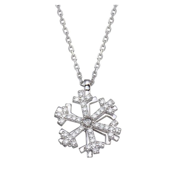 Sterling Silver 925 Rhodium Plated Rotating Snowflake CZ Necklace
